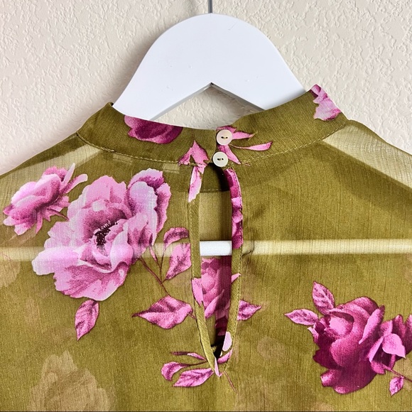 Olive Green & Fuchsia Floral Long Sleeve Ruffle Ruched Layered Blouse - Picture 8 of 13